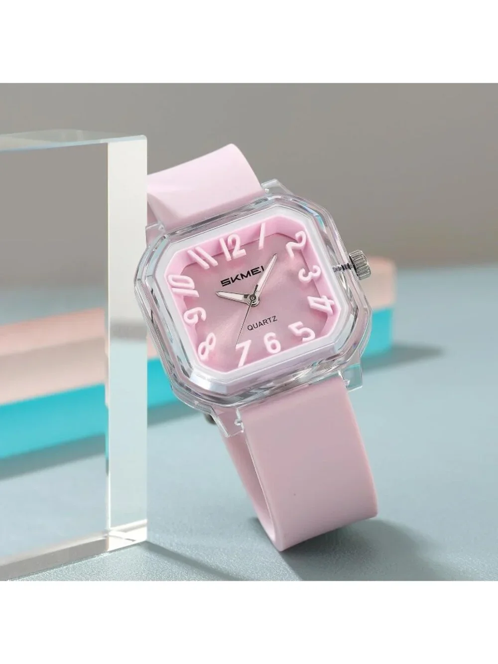 Women’s Purple Big Arabic Numbers Silicone Strap Casual Analog Square Wristwatch